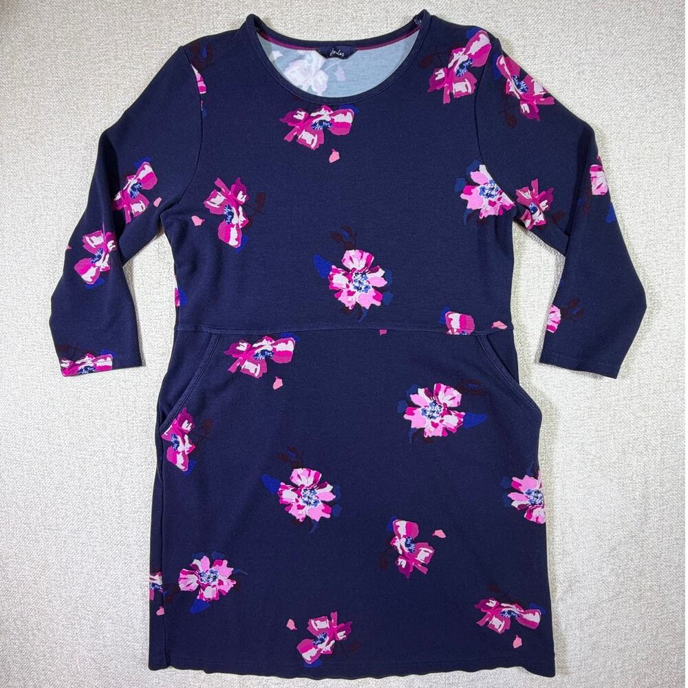 Joules Women 10 Blue Emile Floral Print Long Sleeve Knee Length Dress Casual